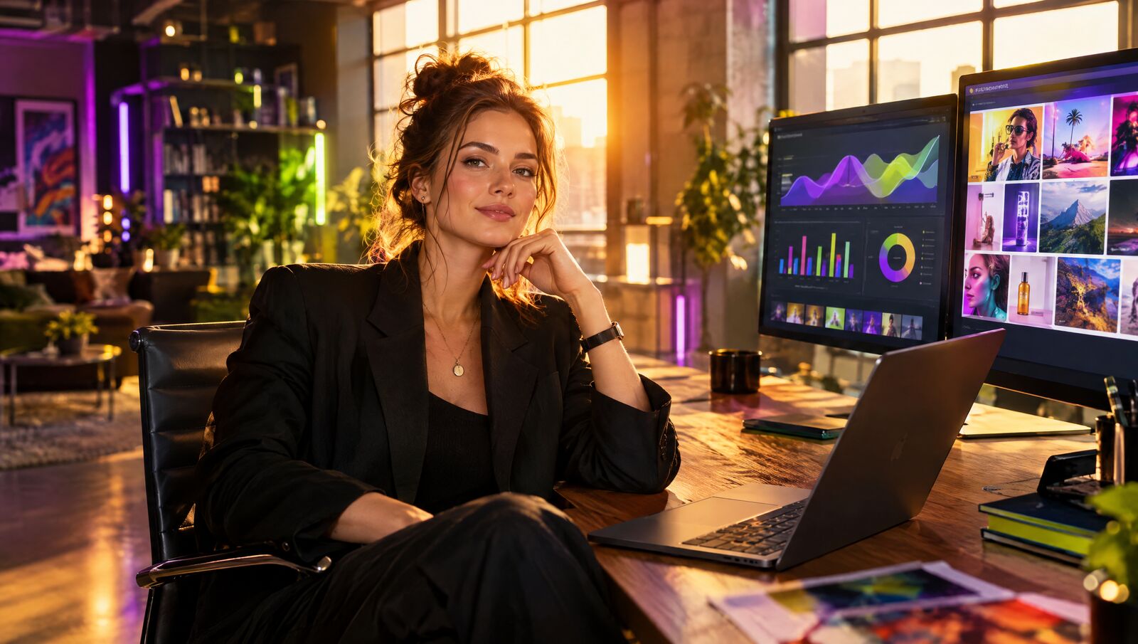 Entrepreneur reviewing AI-generated ad performance dashboards in a sunlit studio office