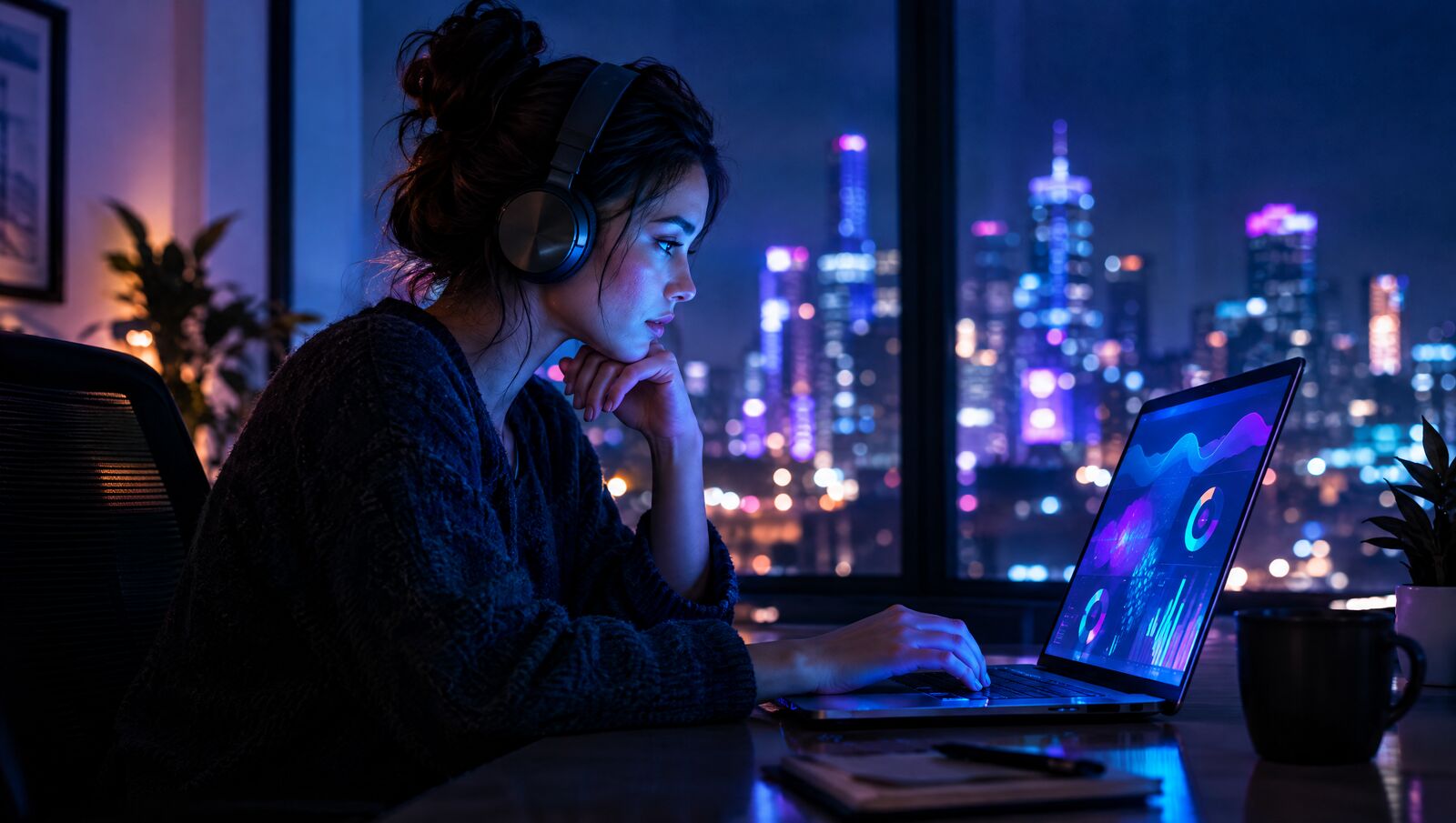 Marketer working late reviewing campaign results on a laptop