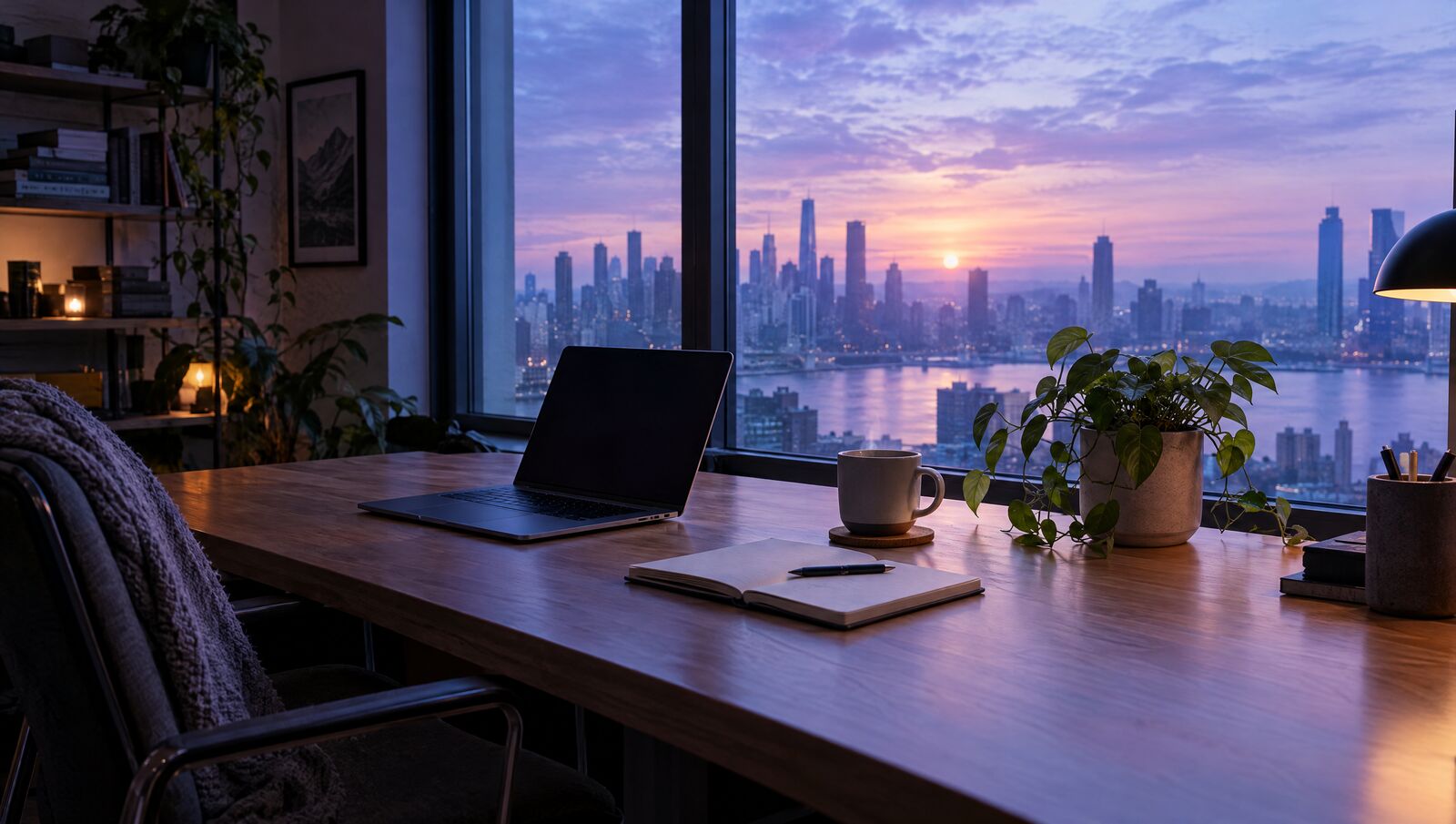 Bright modern workspace with a laptop showing an ad dashboard and planning notes